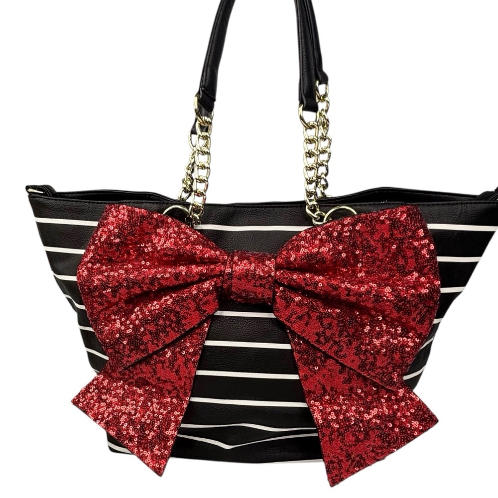 Betsey Johnson Black & White Stripe Red Sequin Glitter Bow Snap Close Tote Purse